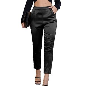 Black Satin Dress Casual Pants with Pockets S-XS